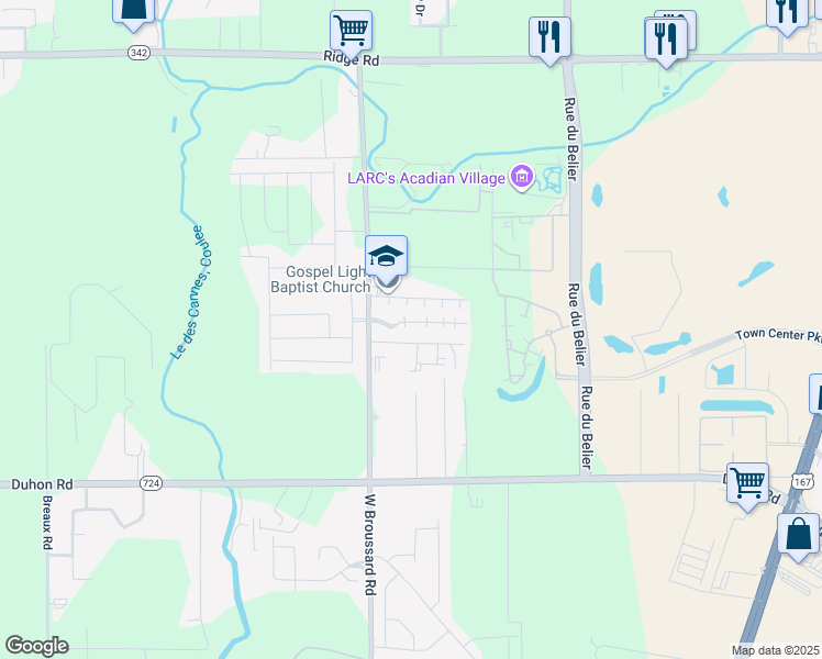 map of restaurants, bars, coffee shops, grocery stores, and more near 126 Southfield Parkway in Lafayette