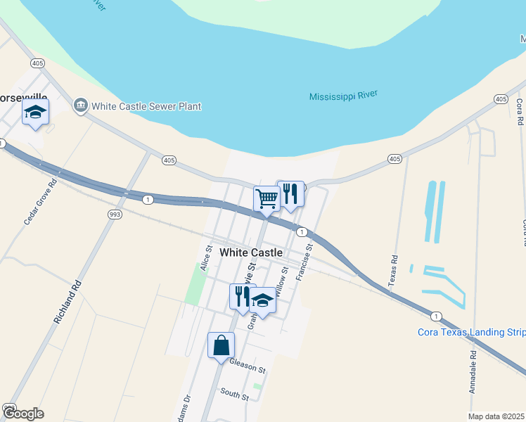 map of restaurants, bars, coffee shops, grocery stores, and more near 32320 Bowie Street in White Castle