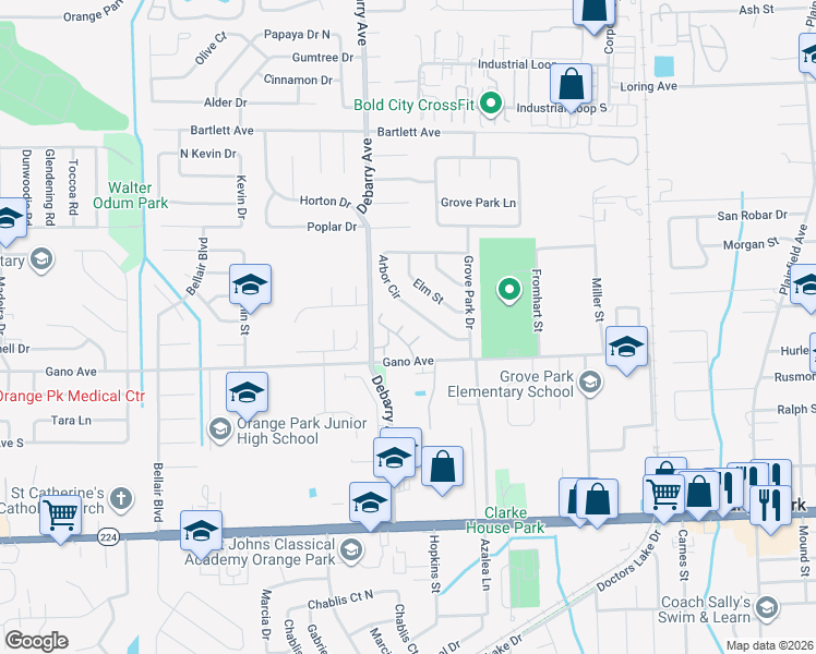map of restaurants, bars, coffee shops, grocery stores, and more near 1168 Arbor Circle in Orange Park