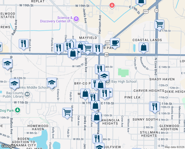 map of restaurants, bars, coffee shops, grocery stores, and more near 1302 Grace Avenue in Panama City