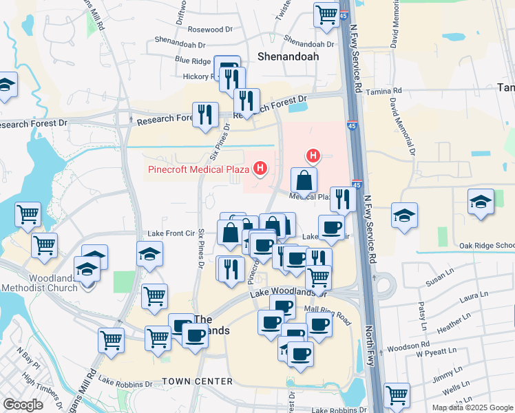 map of restaurants, bars, coffee shops, grocery stores, and more near 9305 Pinecroft Drive in Spring