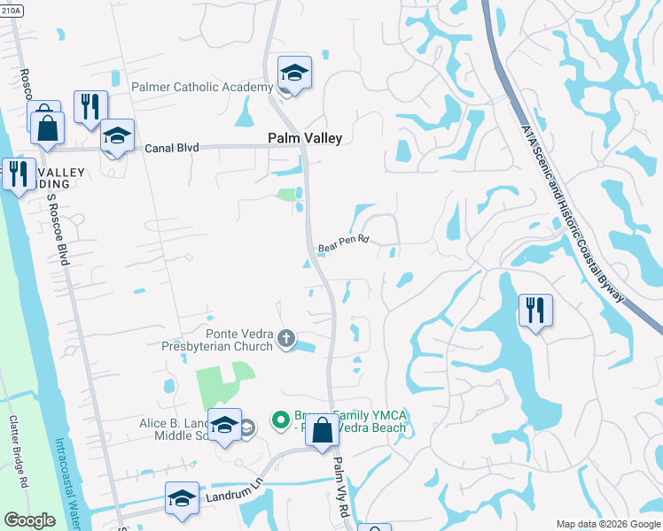 map of restaurants, bars, coffee shops, grocery stores, and more near 109 Cypress Pond Court in Ponte Vedra Beach