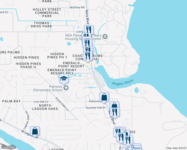 map of restaurants, bars, coffee shops, grocery stores, and more near 1202 Thomas Drive in Panama City
