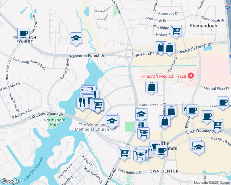 map of restaurants, bars, coffee shops, grocery stores, and more near 1720 Hughes Landing Boulevard in The Woodlands
