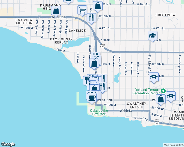 map of restaurants, bars, coffee shops, grocery stores, and more near 1314 Bayview Avenue in Panama City