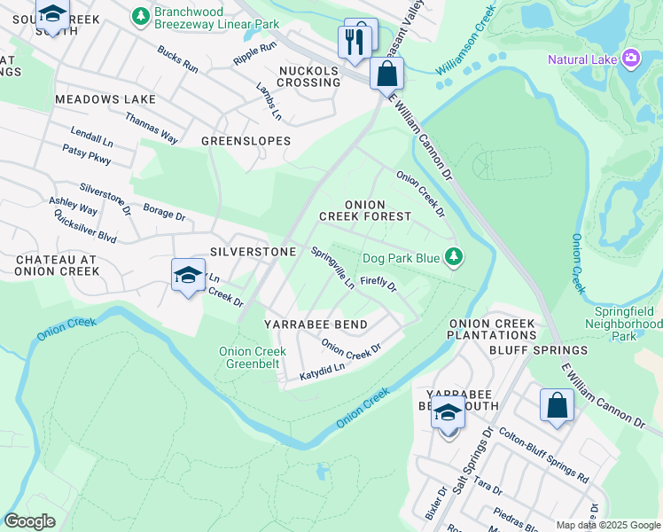 map of restaurants, bars, coffee shops, grocery stores, and more near 7200 Ladybug Street in Austin