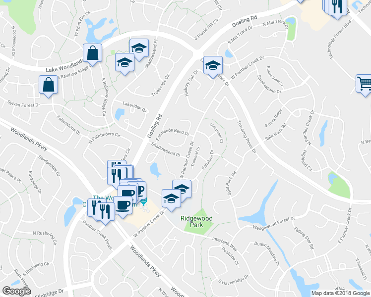 map of restaurants, bars, coffee shops, grocery stores, and more near 15 Tremont Woods Court in Spring