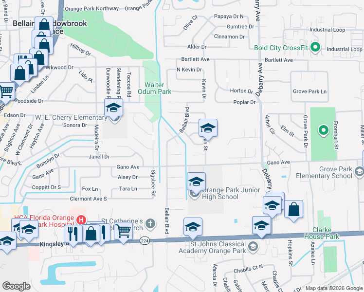map of restaurants, bars, coffee shops, grocery stores, and more near 1307 Elk Court South in Orange Park