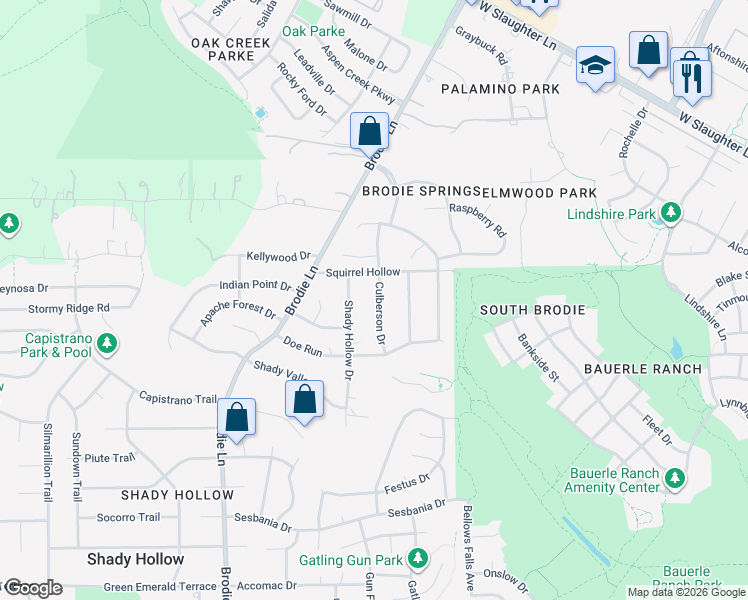 map of restaurants, bars, coffee shops, grocery stores, and more near 10708 Culberson Drive in Austin
