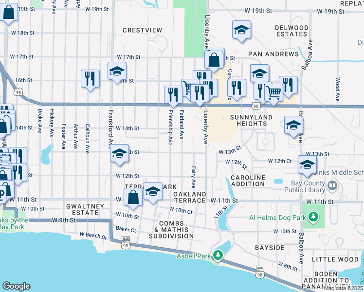 map of restaurants, bars, coffee shops, grocery stores, and more near 1315 Fairland Avenue in Panama City