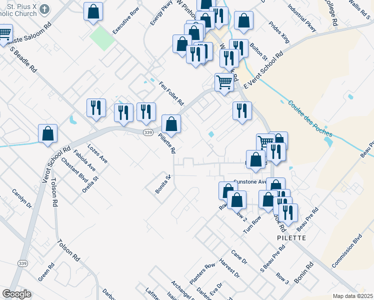 map of restaurants, bars, coffee shops, grocery stores, and more near 110 Coulee Dr in Lafayette
