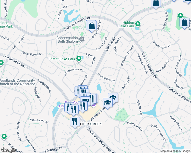 map of restaurants, bars, coffee shops, grocery stores, and more near 150 North Magnolia Pond Place in Spring