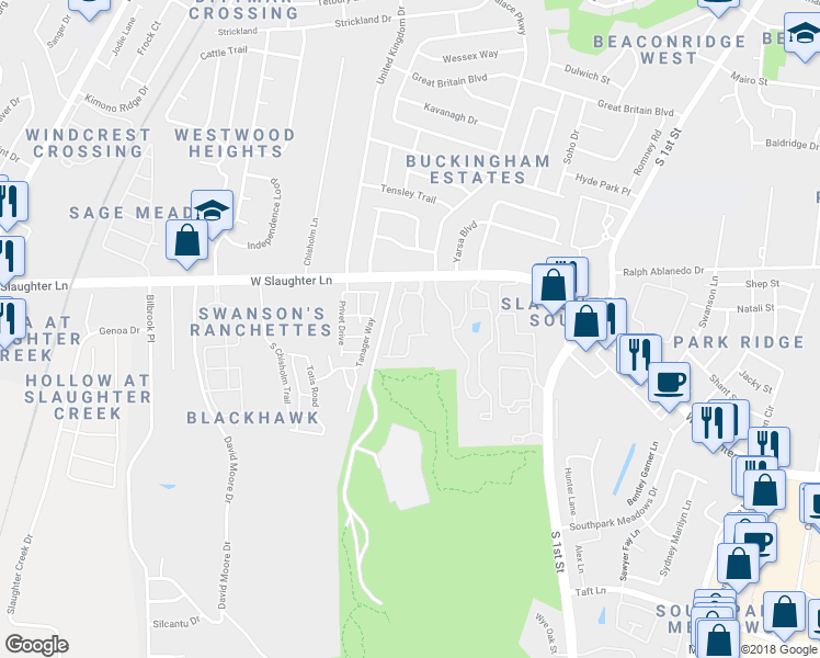 map of restaurants, bars, coffee shops, grocery stores, and more near 9315 Tanager Way in Austin