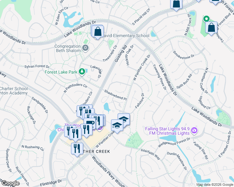 map of restaurants, bars, coffee shops, grocery stores, and more near 31 Pinewood Forest Court in Spring