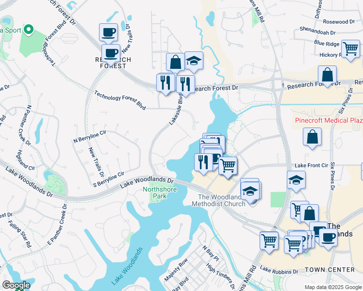 map of restaurants, bars, coffee shops, grocery stores, and more near 9500 Lakeside Boulevard in The Woodlands