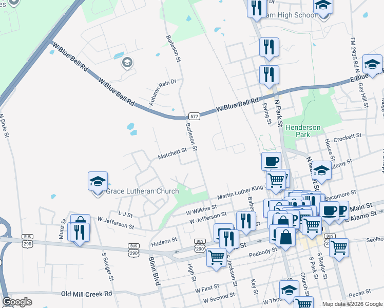 map of restaurants, bars, coffee shops, grocery stores, and more near 815 Burleson Street in Brenham
