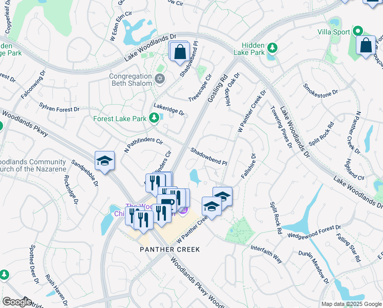 map of restaurants, bars, coffee shops, grocery stores, and more near 150 North Magnolia Pond Place in Spring
