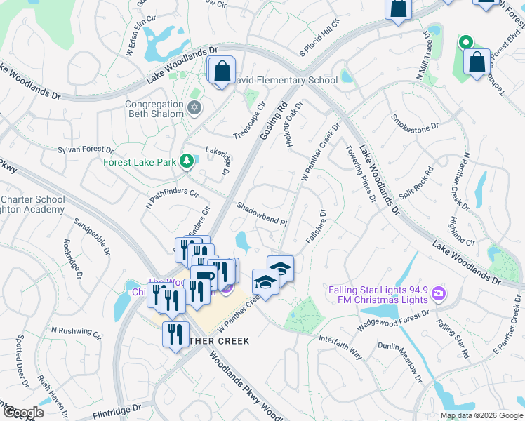 map of restaurants, bars, coffee shops, grocery stores, and more near 31 Pinewood Forest Court in Spring