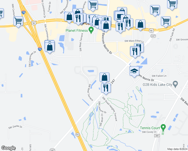 map of restaurants, bars, coffee shops, grocery stores, and more near 2990 Southwest Windsong Circle in Lake City