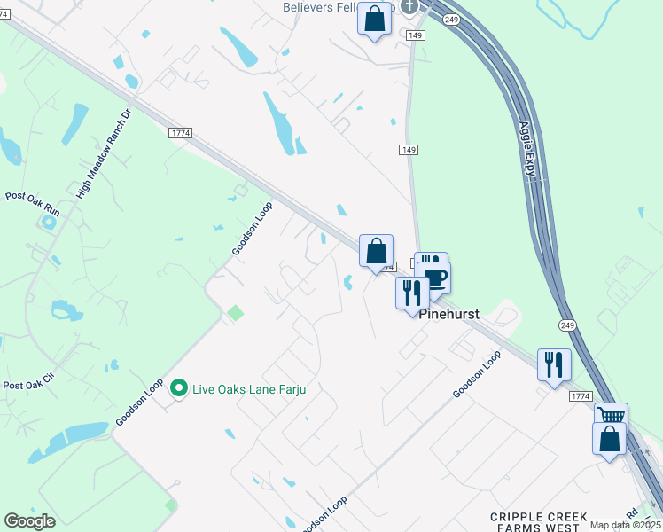 map of restaurants, bars, coffee shops, grocery stores, and more near 3121 Lone Star Lane in Pinehurst