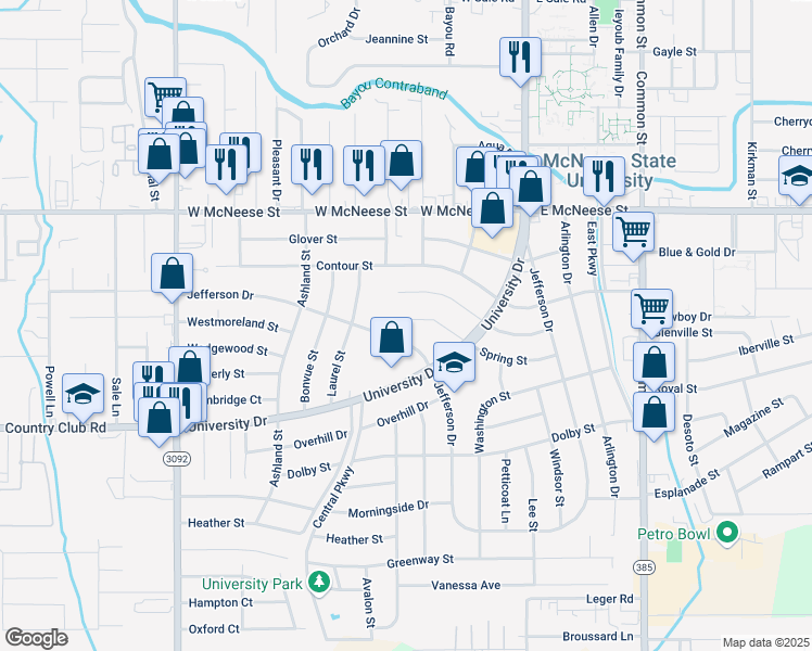 map of restaurants, bars, coffee shops, grocery stores, and more near 255 Spring St in Lake Charles