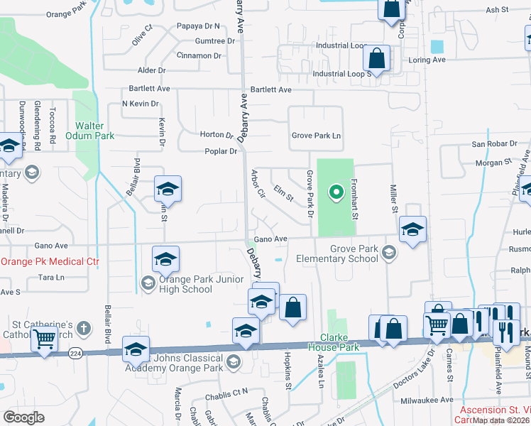 map of restaurants, bars, coffee shops, grocery stores, and more near 1168 Arbor Circle in Orange Park