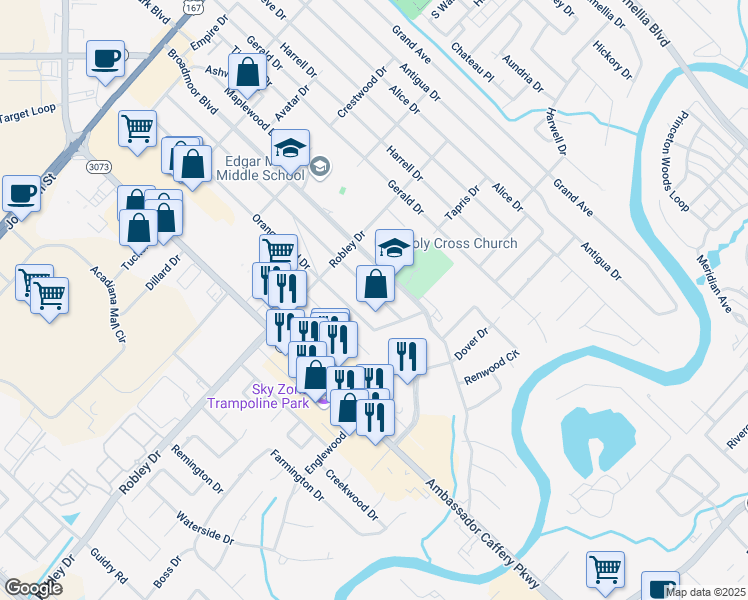 map of restaurants, bars, coffee shops, grocery stores, and more near 500 Elmwood Drive in Lafayette