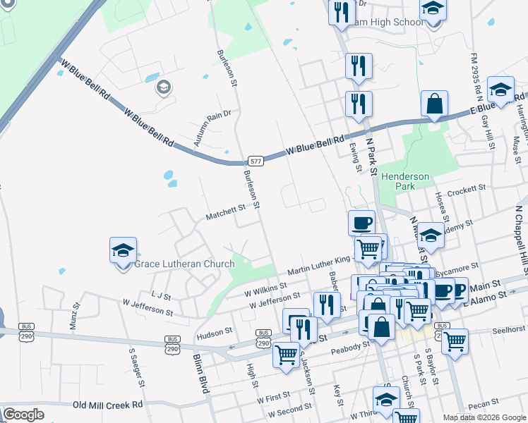 map of restaurants, bars, coffee shops, grocery stores, and more near 815 Burleson Street in Brenham
