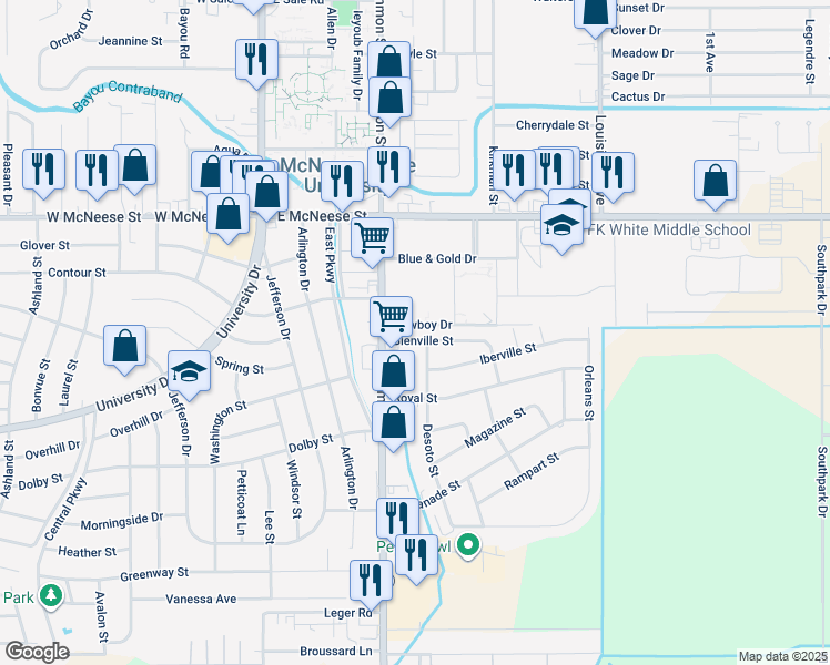 map of restaurants, bars, coffee shops, grocery stores, and more near 621 Bienville St in Lake Charles