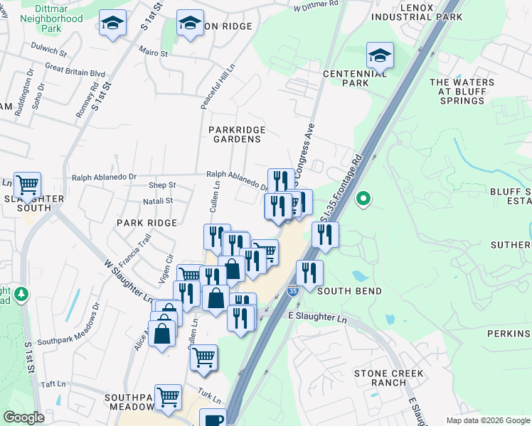 map of restaurants, bars, coffee shops, grocery stores, and more near 8530 South Congress Avenue in Austin