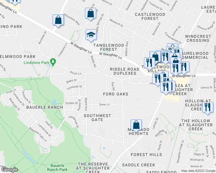 map of restaurants, bars, coffee shops, grocery stores, and more near 10301 Wommack Road in Austin