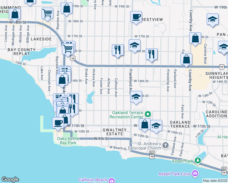 map of restaurants, bars, coffee shops, grocery stores, and more near 1306 Arthur Ave in Panama City
