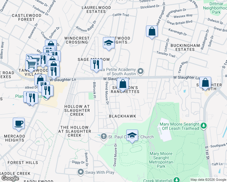 map of restaurants, bars, coffee shops, grocery stores, and more near 9609 B David Moore Drive in Austin