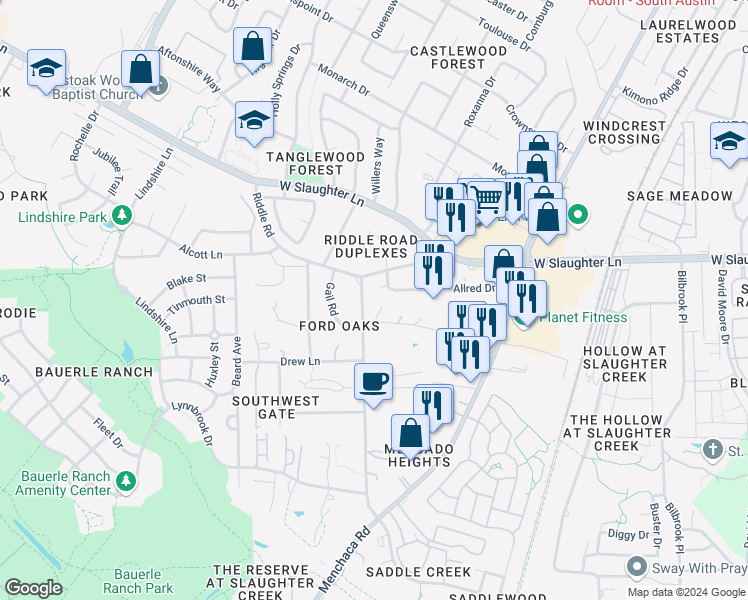 map of restaurants, bars, coffee shops, grocery stores, and more near 10203 Old Manchaca Road in Austin