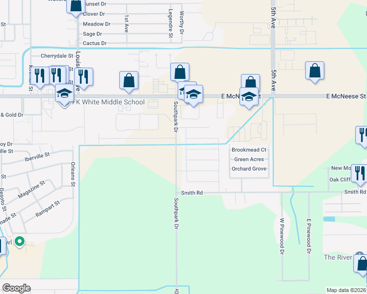 map of restaurants, bars, coffee shops, grocery stores, and more near 5414 Chandler Avenue in Lake Charles