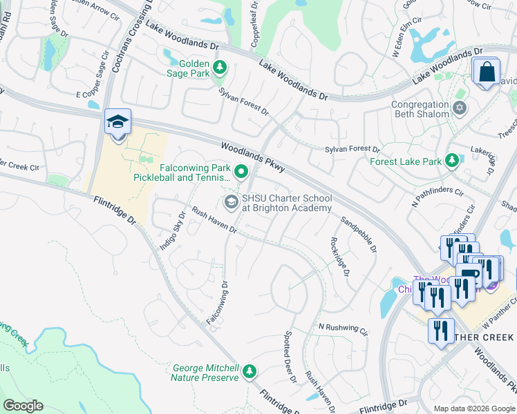 map of restaurants, bars, coffee shops, grocery stores, and more near 11 Elk Crossing Drive in Spring