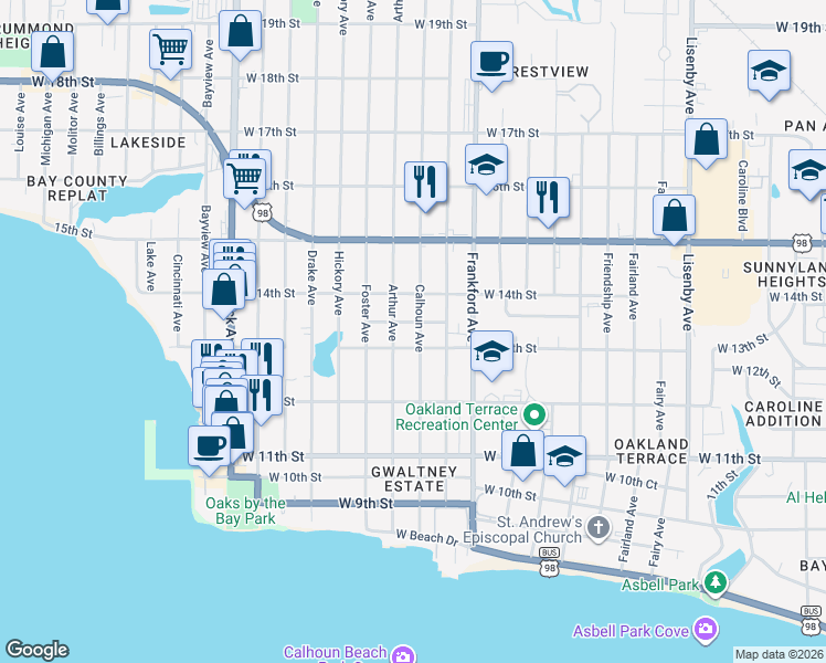 map of restaurants, bars, coffee shops, grocery stores, and more near 1306 Arthur Ave in Panama City