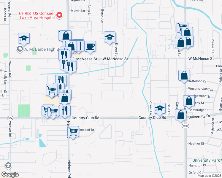 map of restaurants, bars, coffee shops, grocery stores, and more near 1500 North Greenfield Circle in Lake Charles