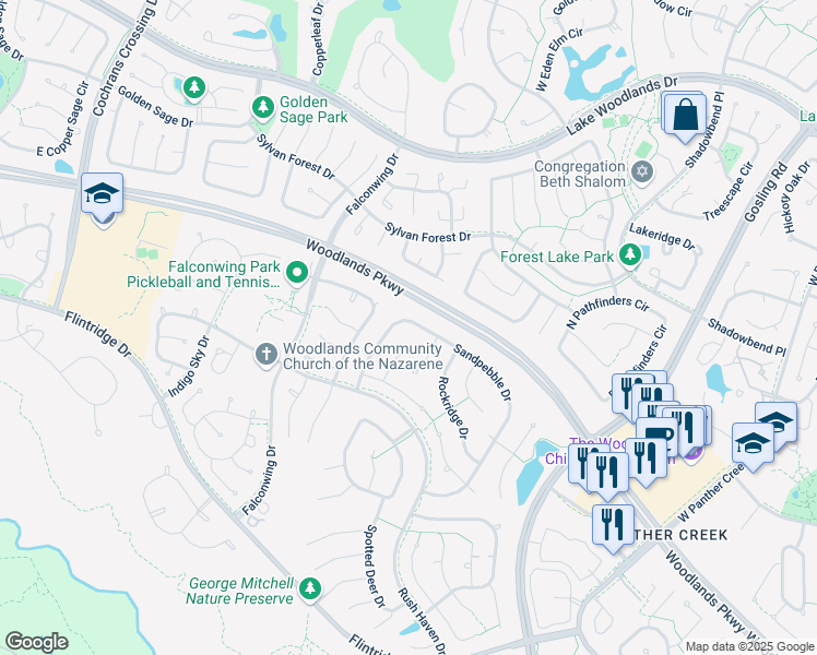 map of restaurants, bars, coffee shops, grocery stores, and more near 74 Sandpebble Drive in Spring
