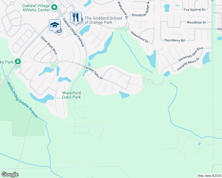map of restaurants, bars, coffee shops, grocery stores, and more near 968 Misty Maple Court in Orange Park