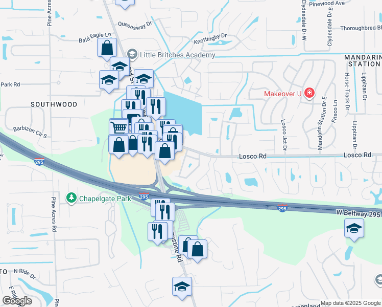 map of restaurants, bars, coffee shops, grocery stores, and more near 4331 Pathwood Way in Jacksonville