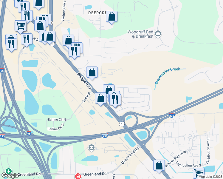 map of restaurants, bars, coffee shops, grocery stores, and more near 7504 Covewood Drive in Jacksonville