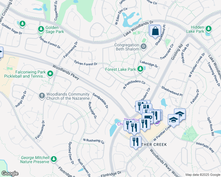 map of restaurants, bars, coffee shops, grocery stores, and more near 106 East Mistybreeze Circle in Spring