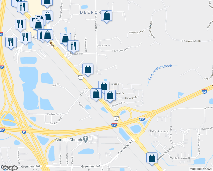 map of restaurants, bars, coffee shops, grocery stores, and more near 7504 Covewood Drive in Jacksonville