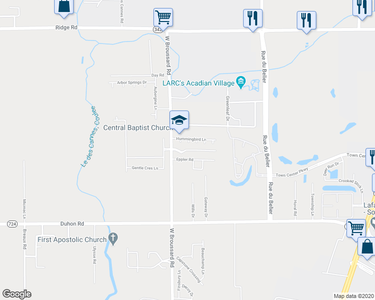 map of restaurants, bars, coffee shops, grocery stores, and more near 115 Southfield Parkway in Lafayette