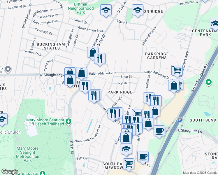 map of restaurants, bars, coffee shops, grocery stores, and more near 600 Swanson Cove in Austin