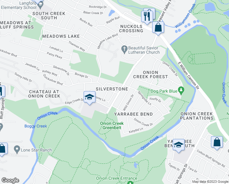 map of restaurants, bars, coffee shops, grocery stores, and more near Quicksilver Blvd & Canella Dr in Austin