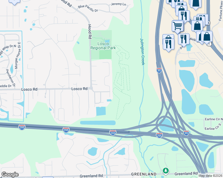 map of restaurants, bars, coffee shops, grocery stores, and more near 11163 Parkside Preserve Way in Jacksonville