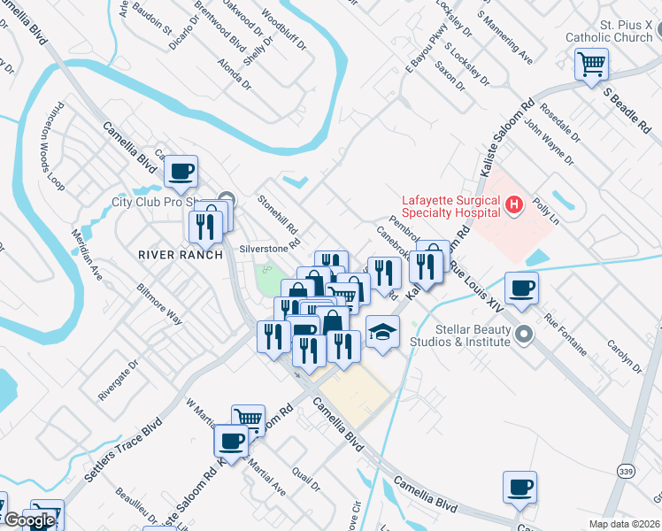 map of restaurants, bars, coffee shops, grocery stores, and more near 111 Cherbourg Circle in Lafayette