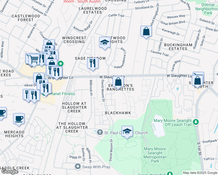 map of restaurants, bars, coffee shops, grocery stores, and more near 1215 West Slaughter Lane in Austin